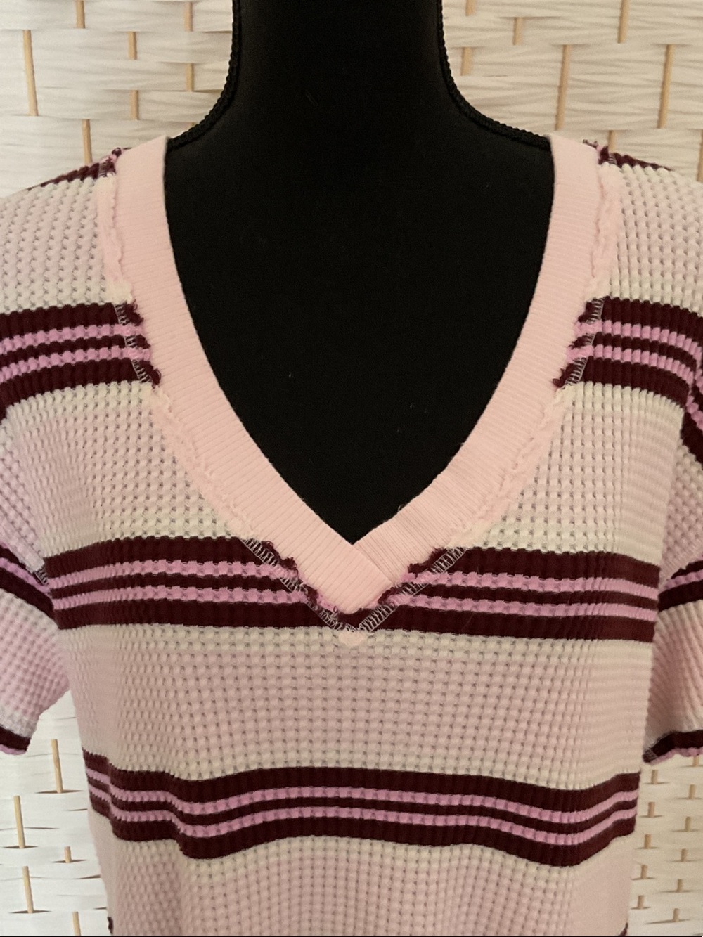 aerie Pink Waffle Knit V-Neck Crop Top with Burgundy Stripes NEW!